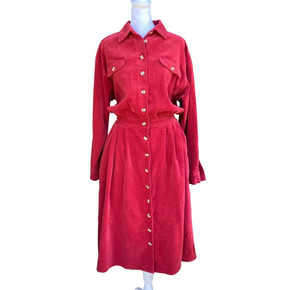 Vintage Corduroy Button Red Midi Dress Long Sleeve Medium Cotton Cottagecore 90s
